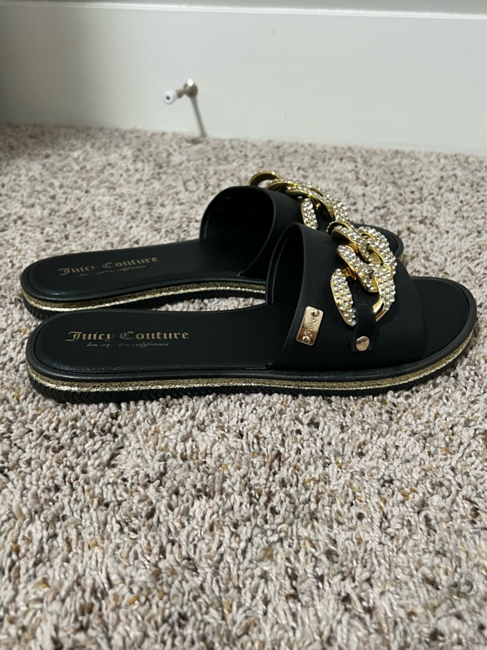 Juicy Couture Black Slide Sandals with Gold Crystal Chain Accent - Picture 4 of 4